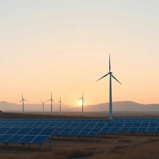 Éoliennes et panneaux solaires au lever du jour